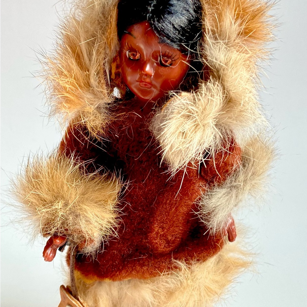 Vintage Eskimo Inuit Black Girl Doll Real Leather & Fur